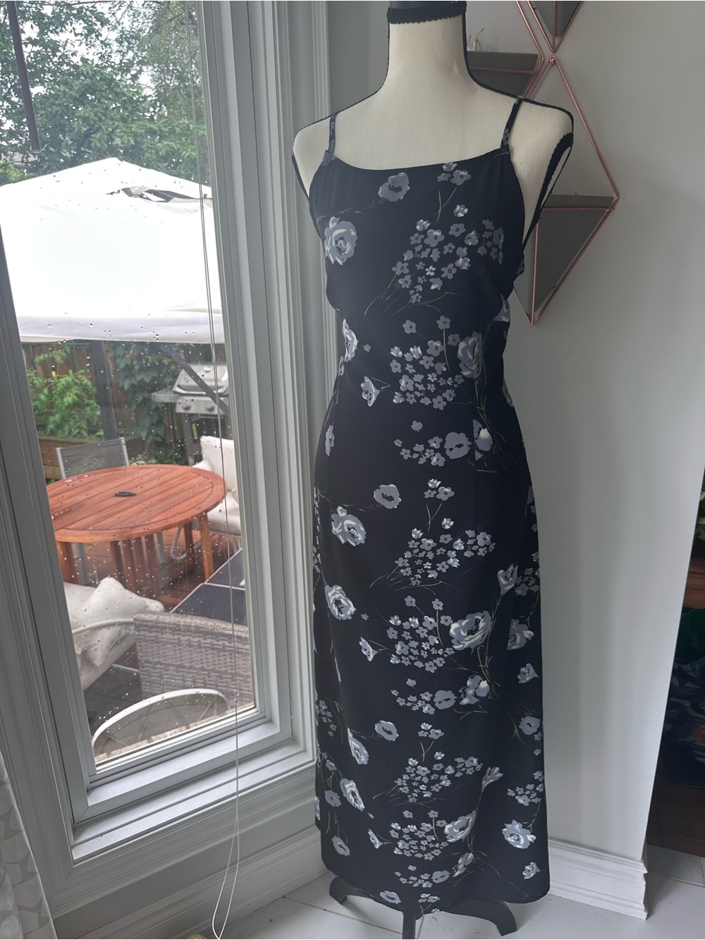 VINTAGE 90s Black Floral Slip Maxi Column Shift Halter Summer Dress Size Large - Picture 1 of 10
